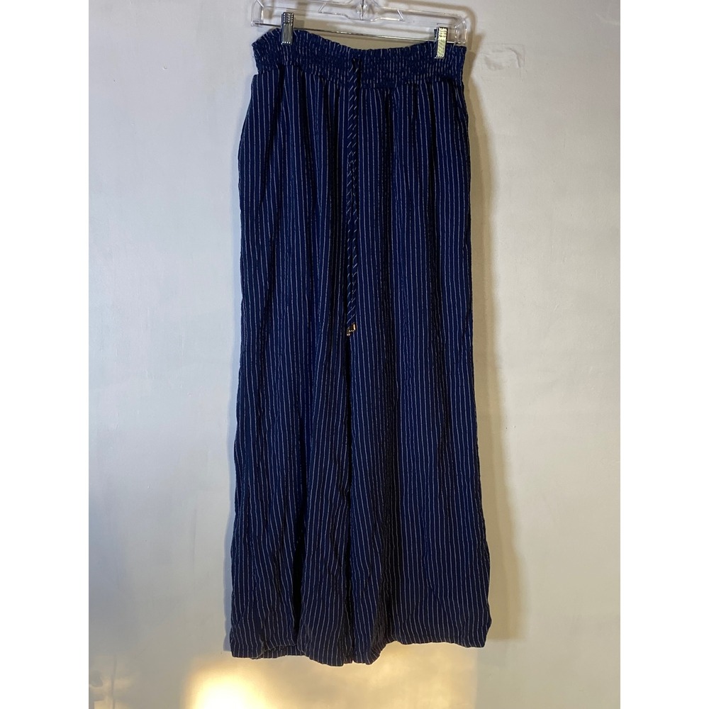 Holley Girl Blue Striped Linen Blend Wide Leg Pants Coastal Grandma Boho Large